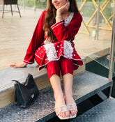 Red Embroidered Suit with White Detailing Two Piece